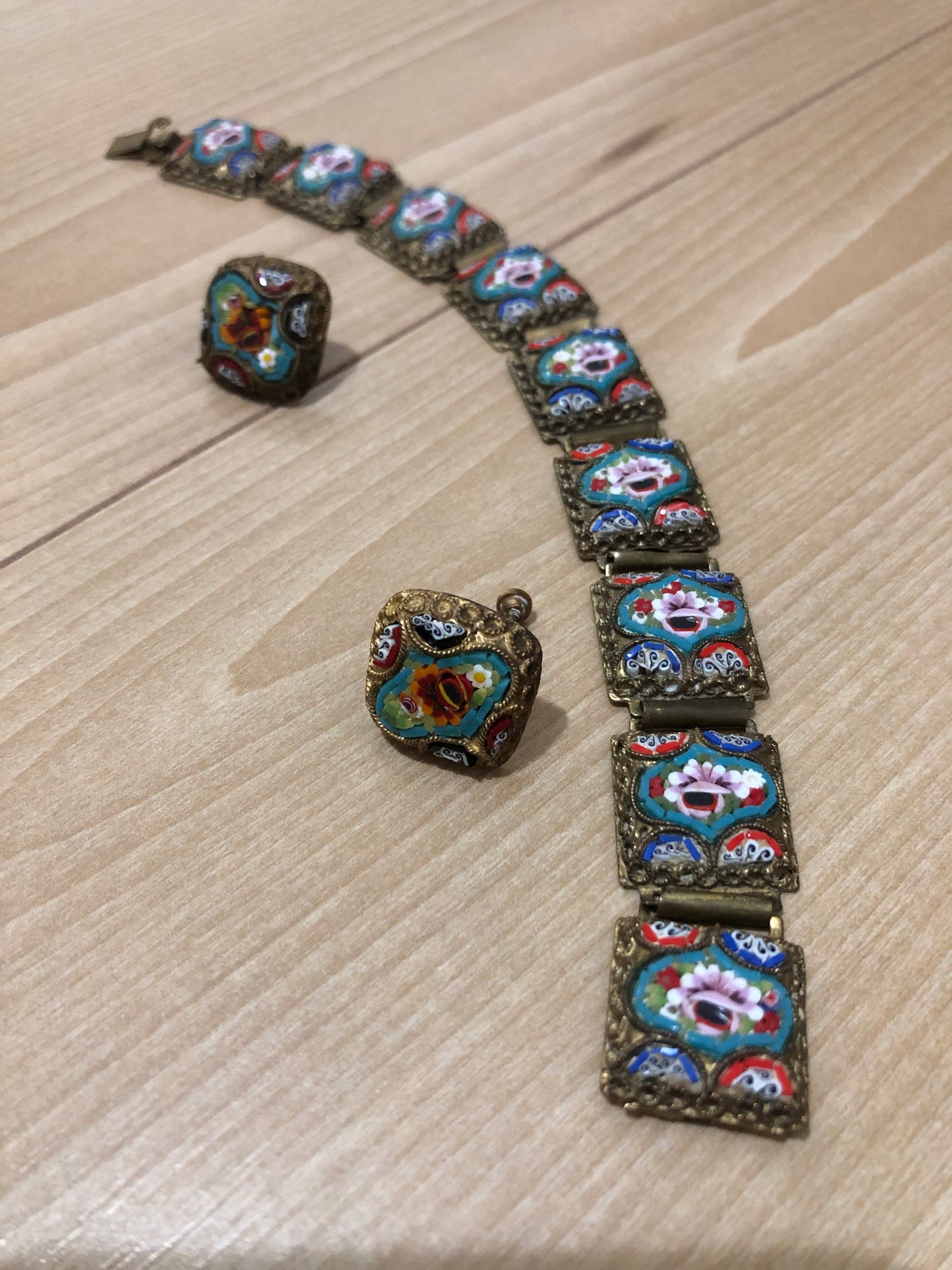 # 4 Antique Micro-Mosaic Bracelet & Clip-On Earrings Set – Italian Floral Design