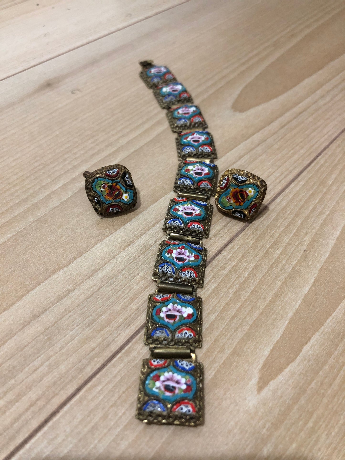 # 4 Antique Micro-Mosaic Bracelet & Clip-On Earrings Set – Italian Floral Design
