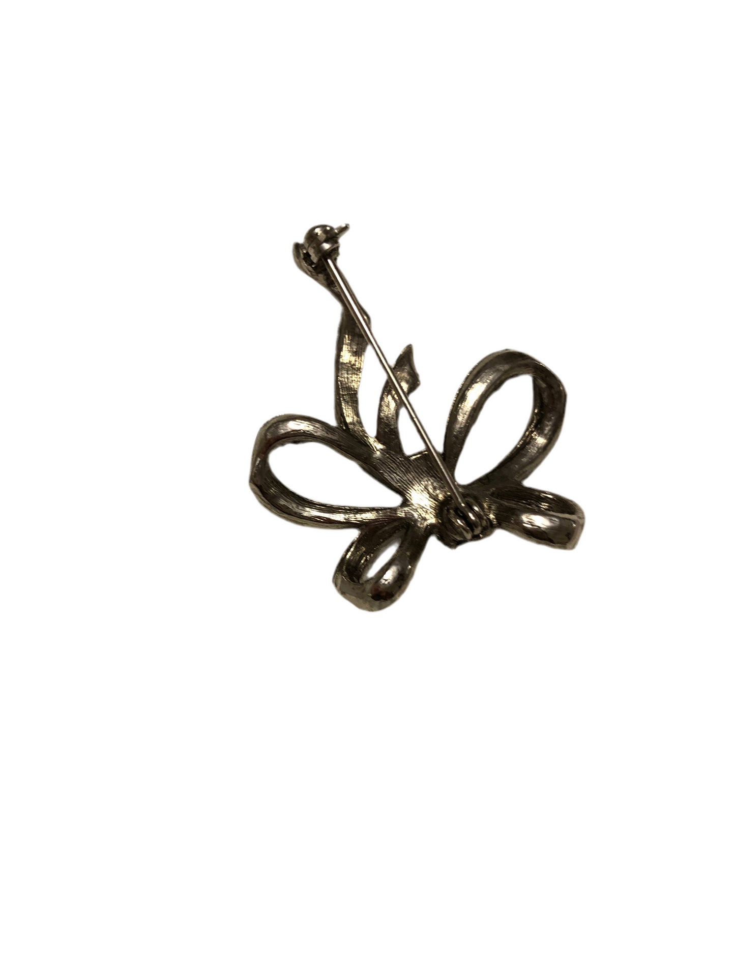 Broche vintage nœud argenté avec incrustations et détail noir