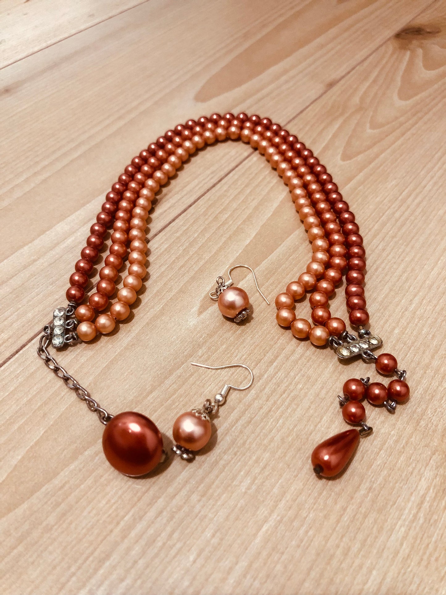 #3 Vintage Copper Tone Pearl Necklace Set – Multi-Strand with Matching Earrings