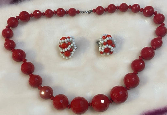 # 19 Vintage Red Beaded Necklace Set with Cluster Earrings