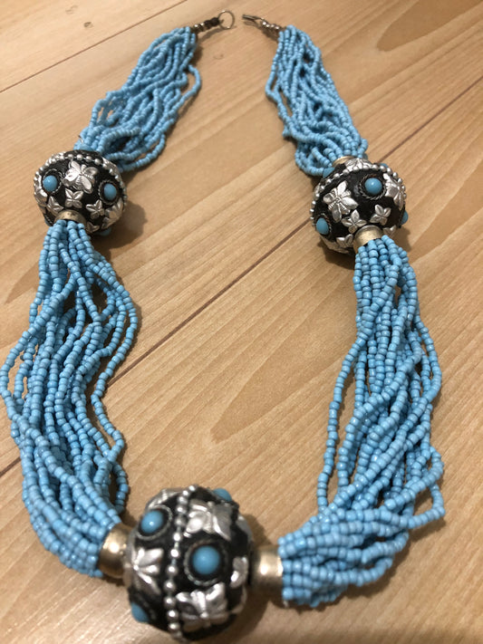 # 5 Vintage Boho Tribal Necklace – Multi-Strand Turquoise Beads with Ornate Silver Accents