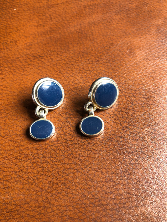 Boucles d’oreilles vintage pendantes bleu marine et doré style minimaliste