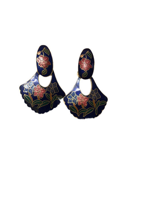 # 31Boucles d’oreilles vintage émail bleu motifs floraux — clip rétro