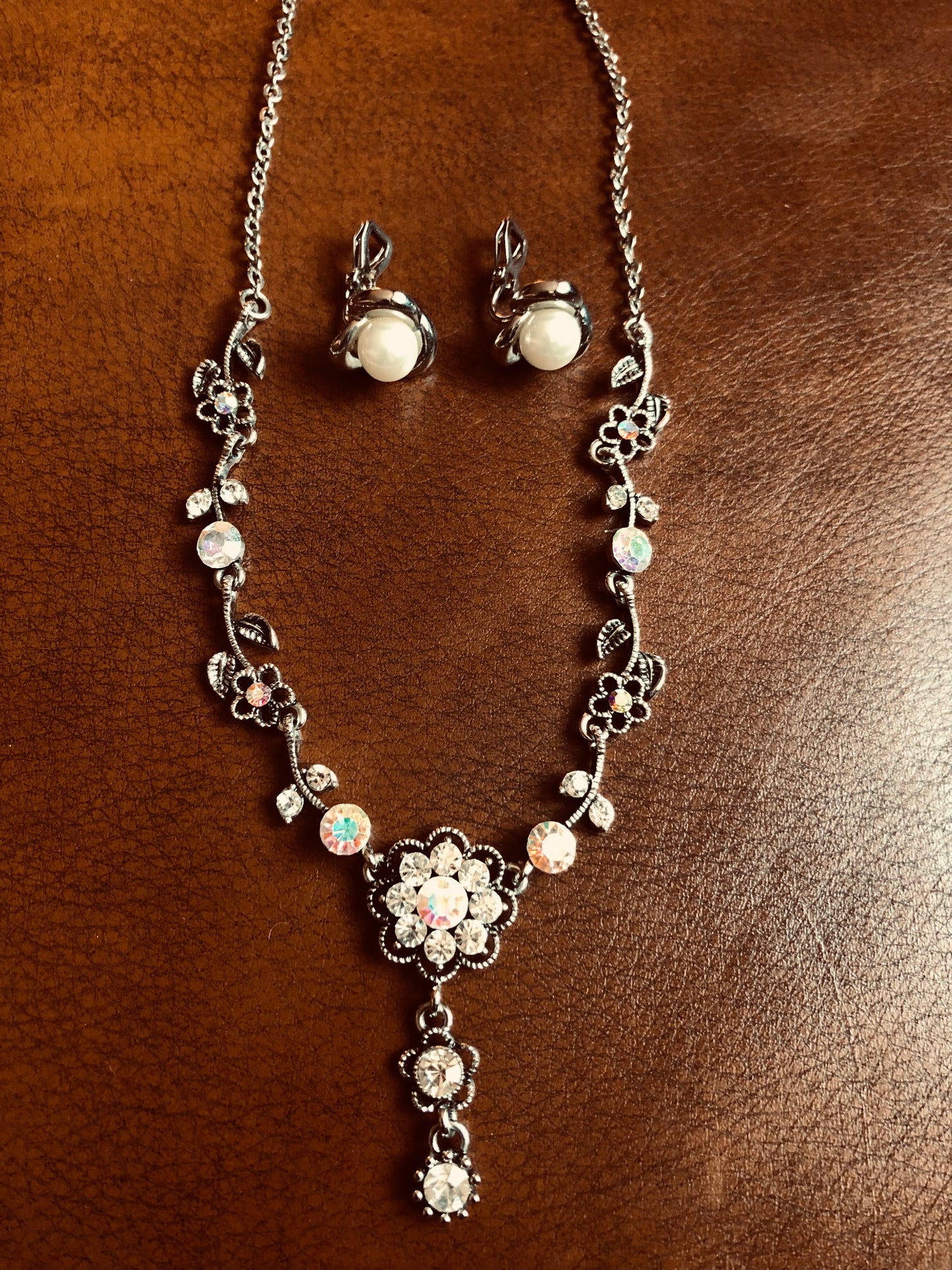 Floral Drop Necklace & Matching Clip-On Earrings – Silver Tone with AB Crystals