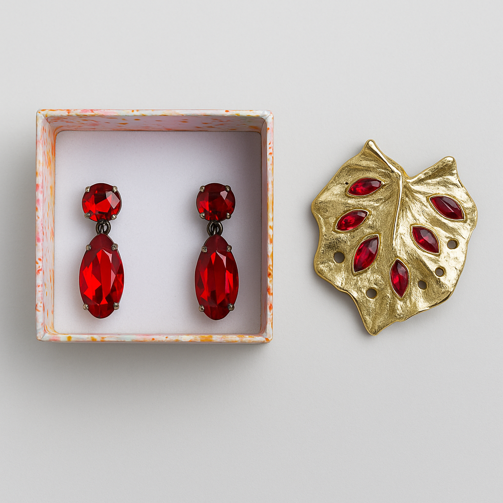 Ensemble vintage rouge rubis – boucles d’oreilles et broche feuille dorée