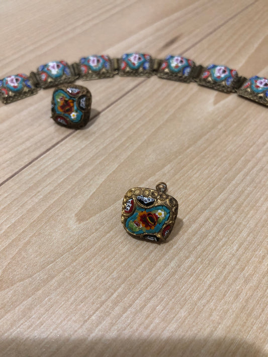 # 4 Antique Micro-Mosaic Bracelet & Clip-On Earrings Set – Italian Floral Design