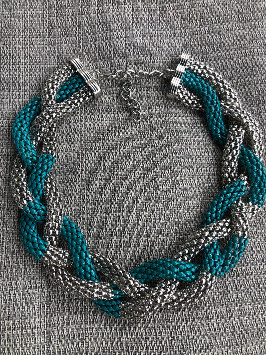 # 9 Vintage Braided Silver & Teal Necklace