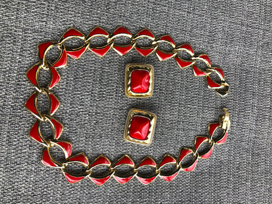 # 6 Ensemble vintage rouge émaillé – collier, bracelet et boucles d’oreilles