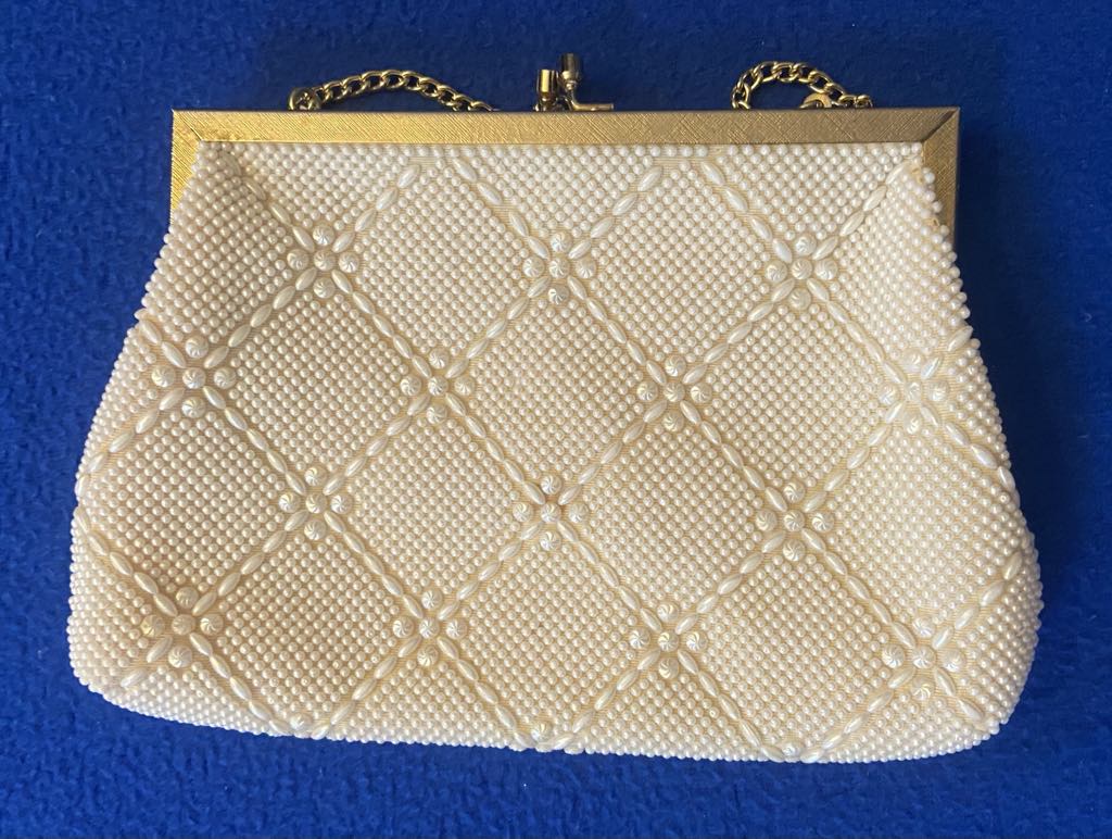 Vintage Ivory Beaded Clutch with Gold Frame