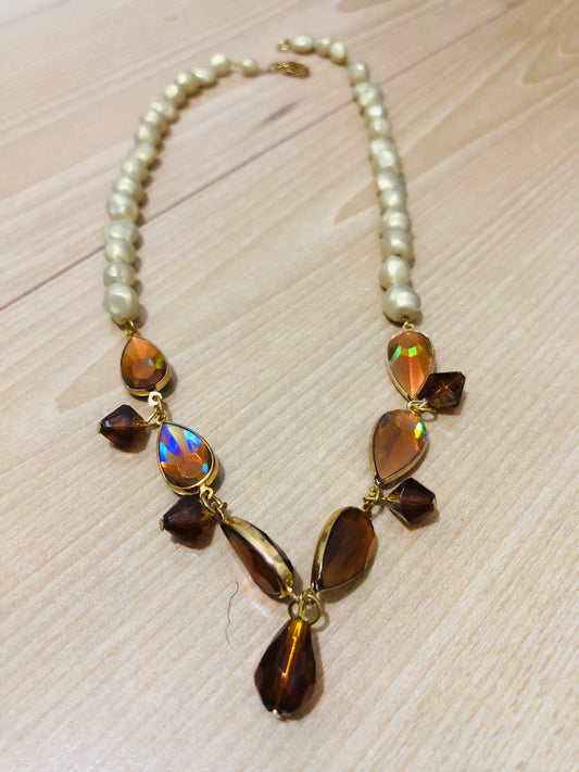 Collier vintage perles ivoire et gouttes cristal ambré