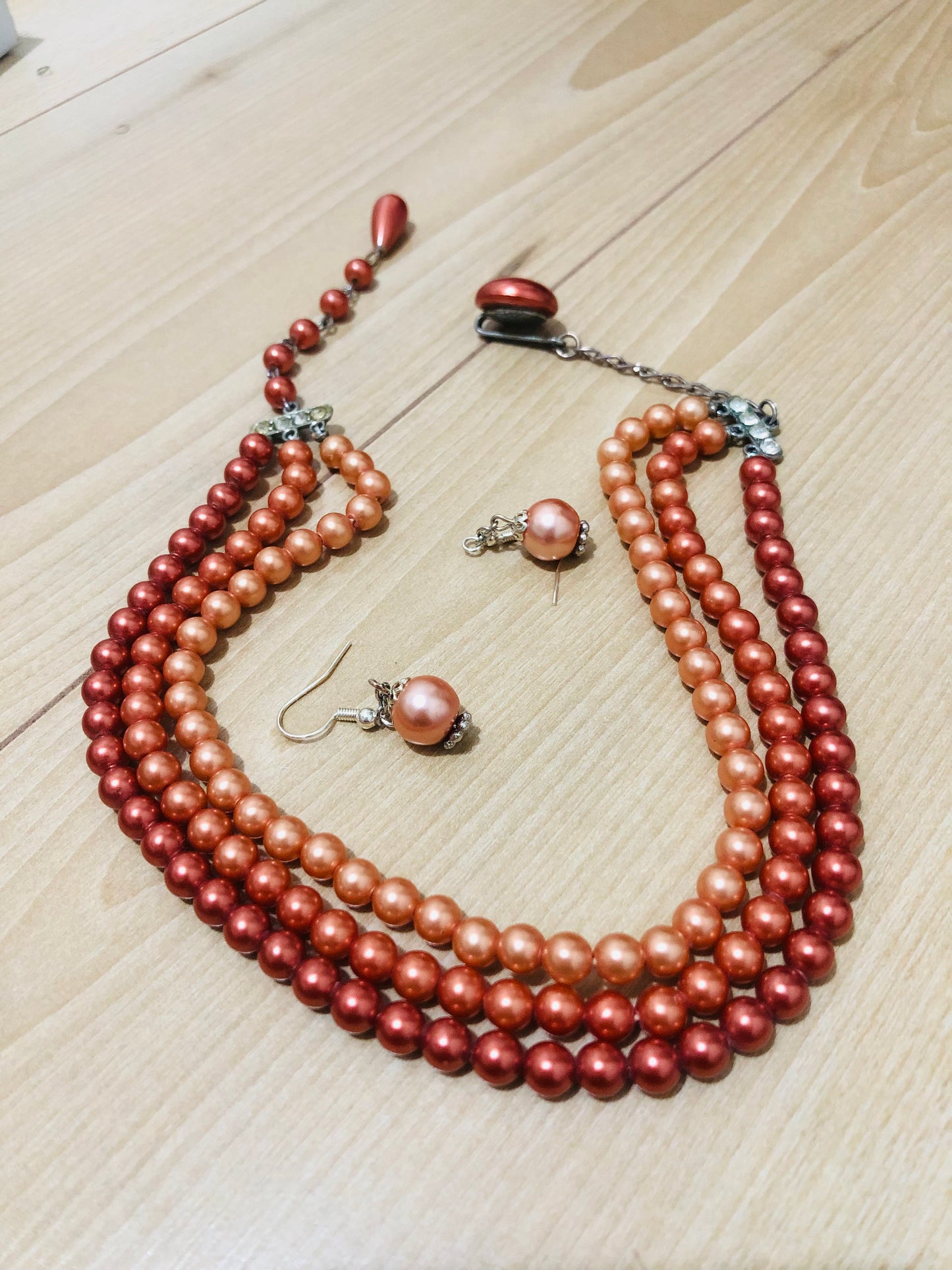 #3 Vintage Copper Tone Pearl Necklace Set – Multi-Strand with Matching Earrings
