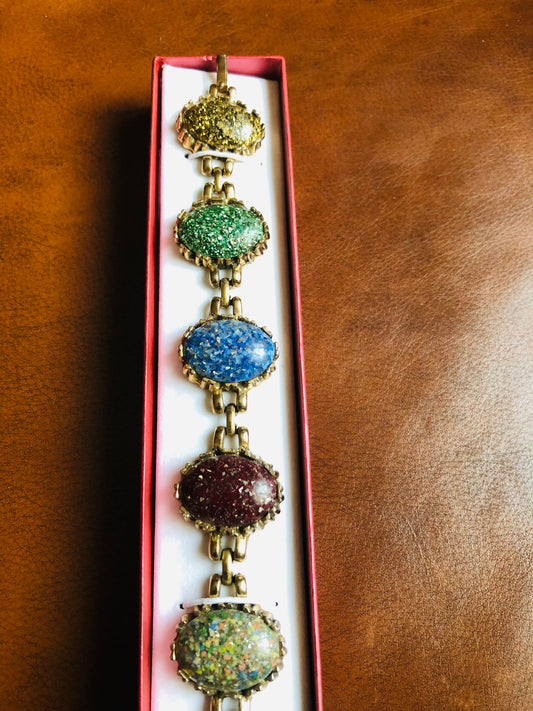 Bracelet vintage cabochons pailletés multicolores – style années 60–70