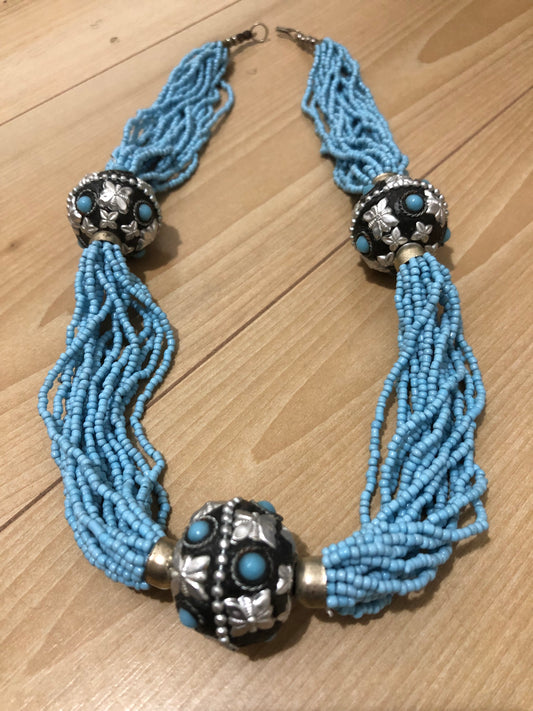# 5 Vintage Boho Tribal Necklace – Multi-Strand Turquoise Beads with Ornate Silver Accents