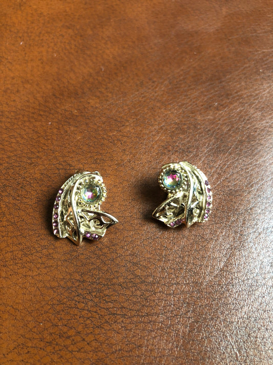 Boucles d’oreilles vintage à clip – Strass irisés et violets