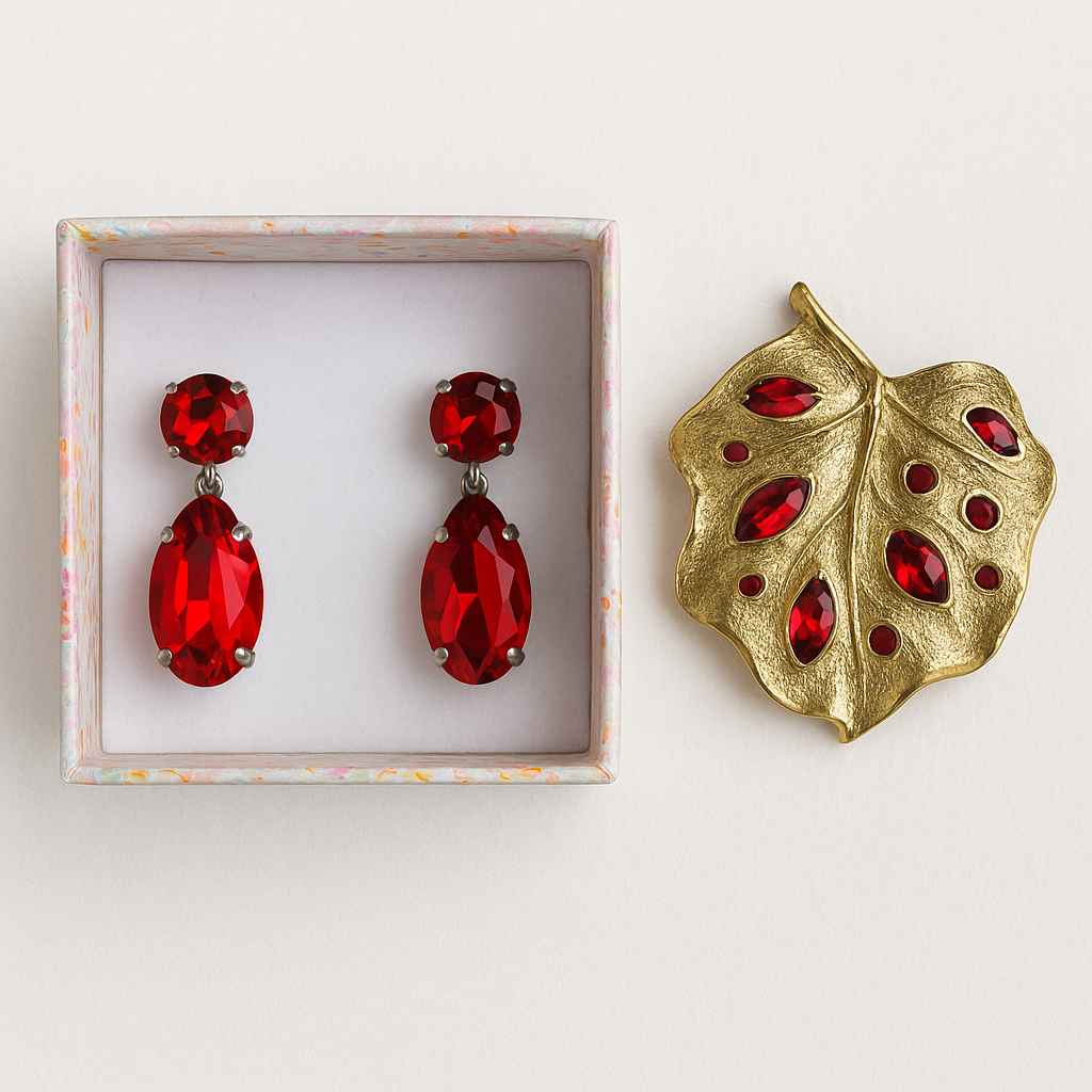 Ensemble vintage rouge rubis – boucles d’oreilles et broche feuille dorée