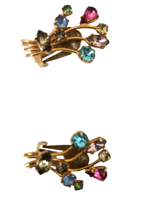 # 34 Boucles d’oreilles vintage clip multicolores style bouquet — métal doré