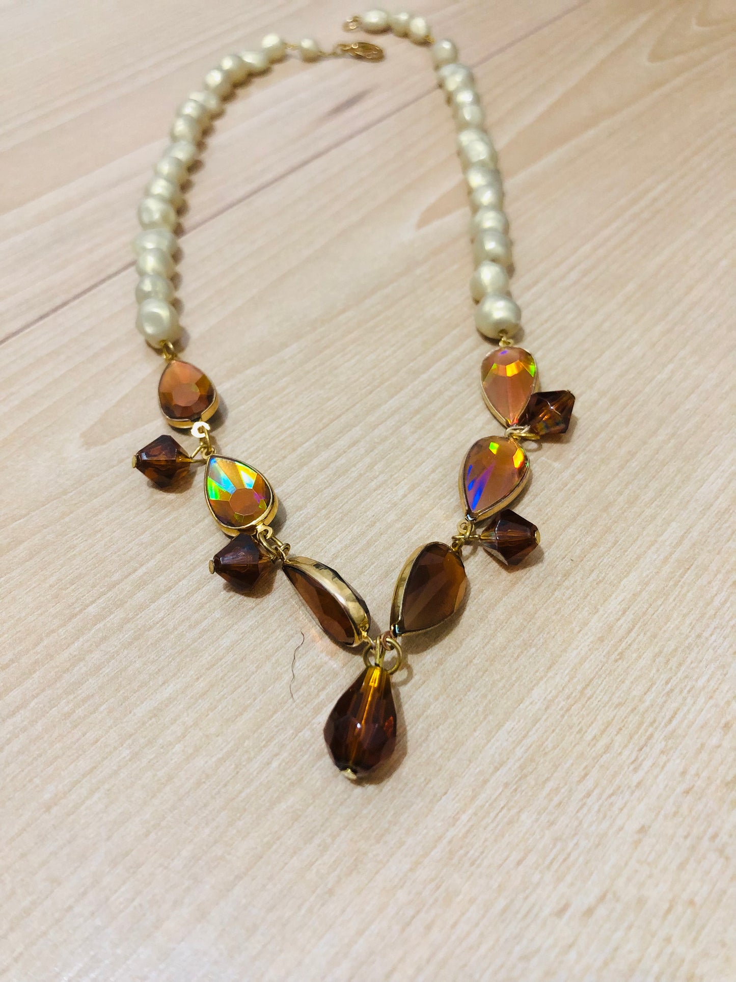 Collier vintage perles ivoire et gouttes cristal ambré