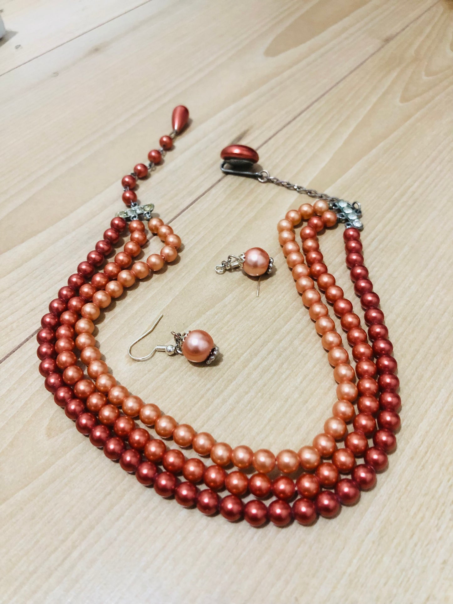 #3 Vintage Copper Tone Pearl Necklace Set – Multi-Strand with Matching Earrings