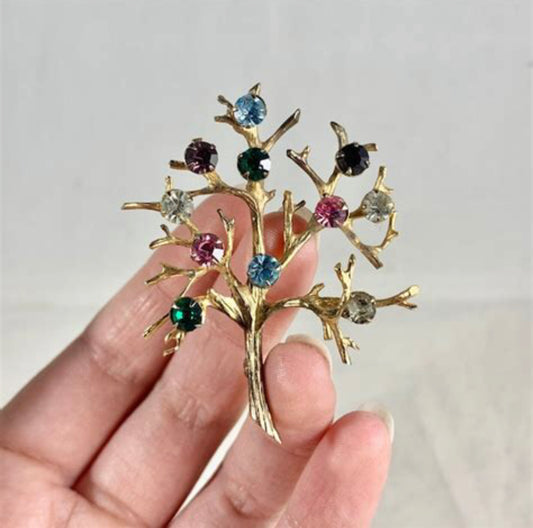# 88 Broche vintage "Arbre de vie" en laiton doré avec pierres multicolores