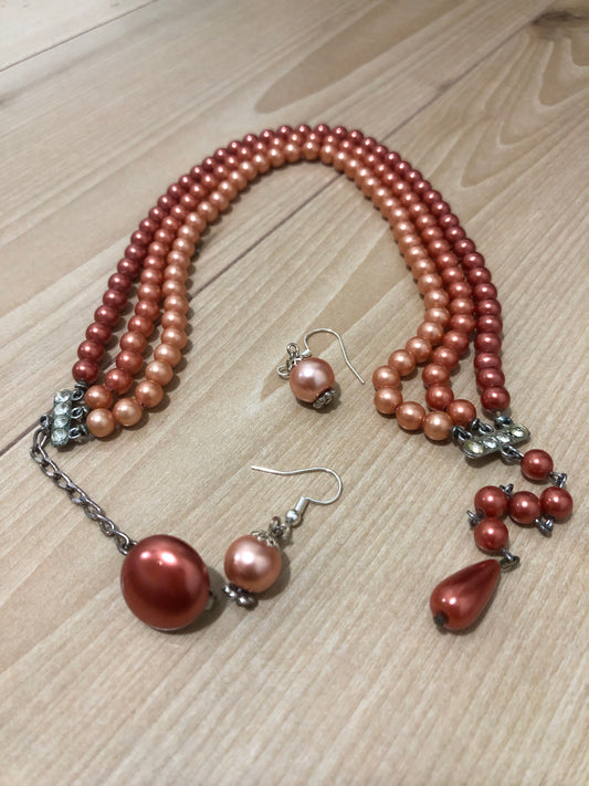 #3 Vintage Copper Tone Pearl Necklace Set – Multi-Strand with Matching Earrings