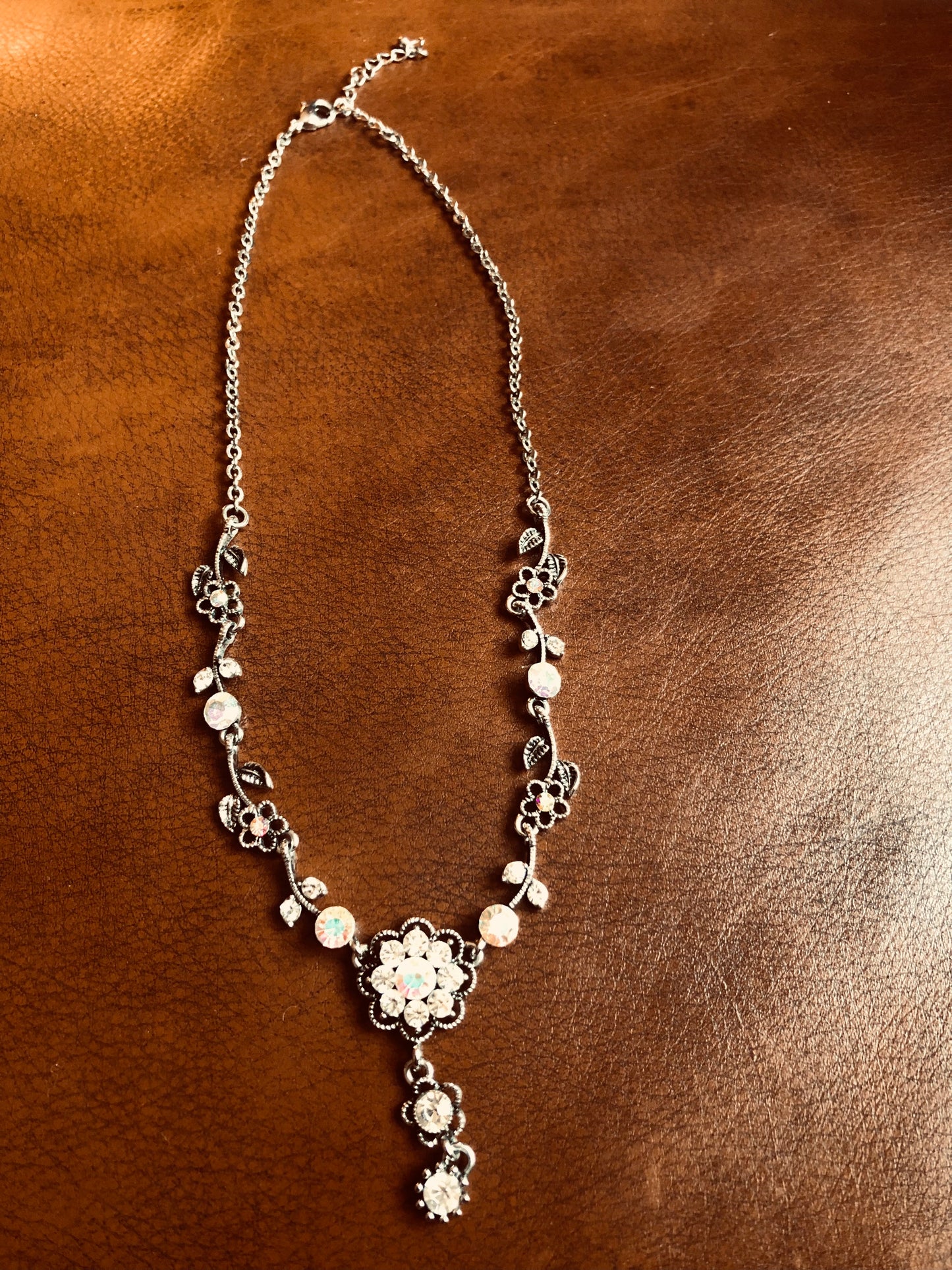 Floral Drop Necklace & Matching Clip-On Earrings – Silver Tone with AB Crystals