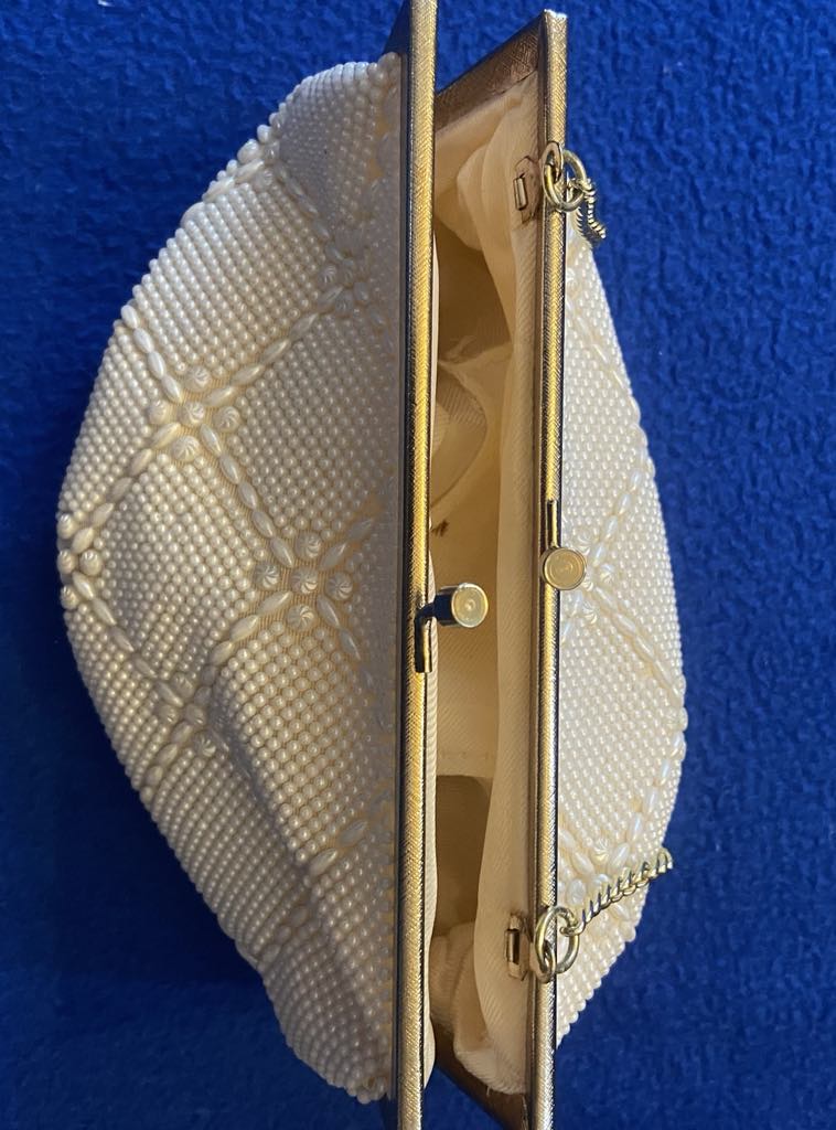 Vintage Ivory Beaded Clutch with Gold Frame