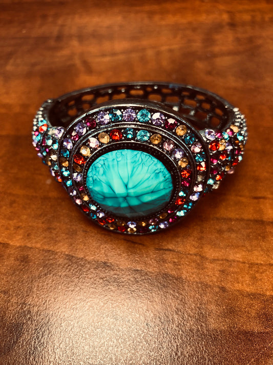Bracelet vintage oriental – Cabochon turquoise et strass multicolores