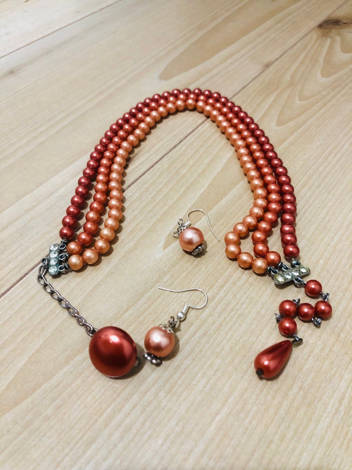 #3 Vintage Copper Tone Pearl Necklace Set – Multi-Strand with Matching Earrings