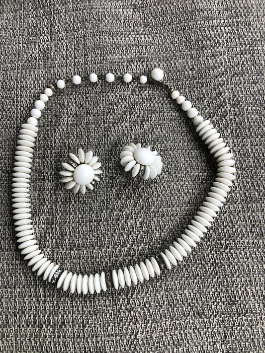 # 10 Vintage White Bead Necklace Set – Floral Clip-On Earrings