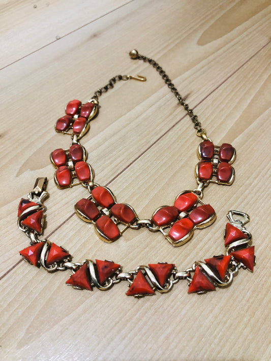 Ensemble bijoux vintage corail rouge — collier + bracelet