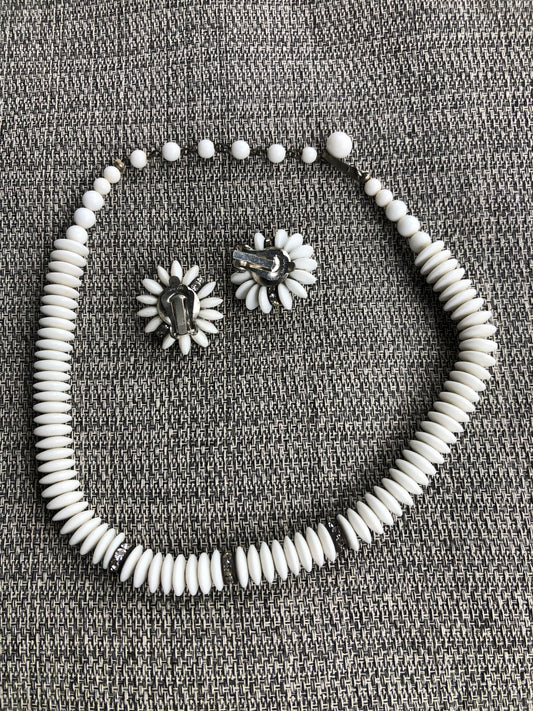 # 10 Vintage White Bead Necklace Set – Floral Clip-On Earrings