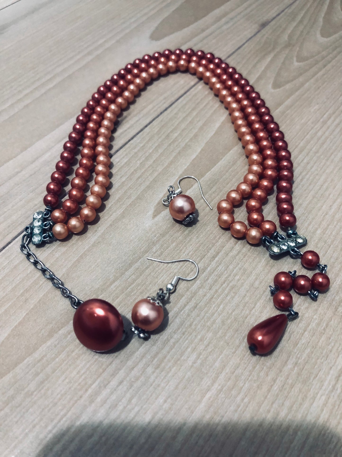 #3 Vintage Copper Tone Pearl Necklace Set – Multi-Strand with Matching Earrings