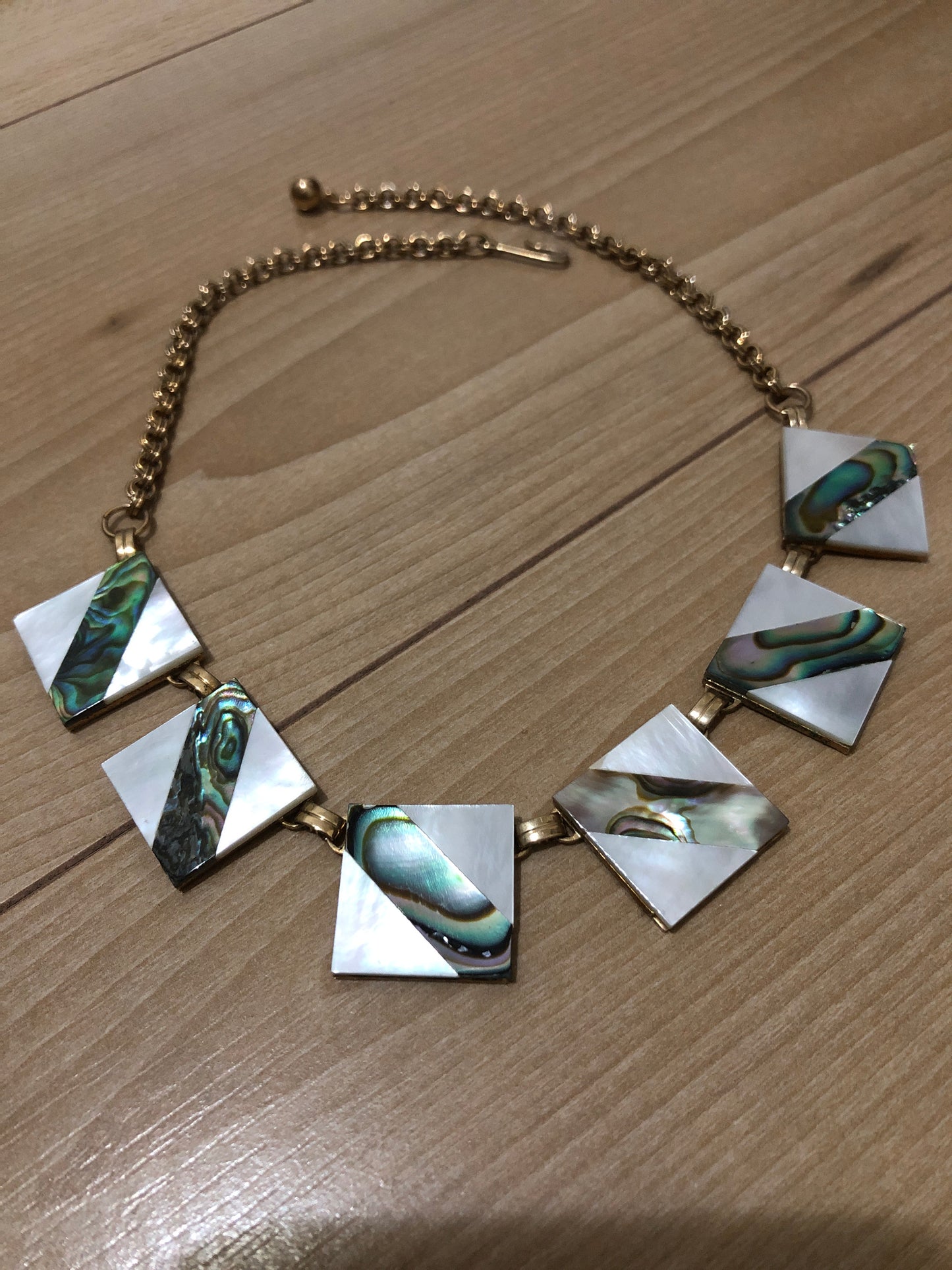 #12 Vintage Abalone & Mother of Pearl Necklace Set – Geometric Design with Screw-Back Earrings