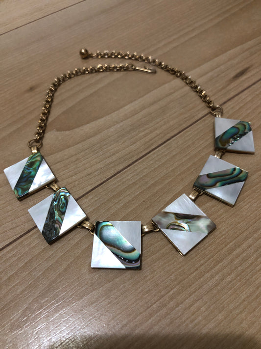 #12 Vintage Abalone & Mother of Pearl Necklace Set – Geometric Design with Screw-Back Earrings