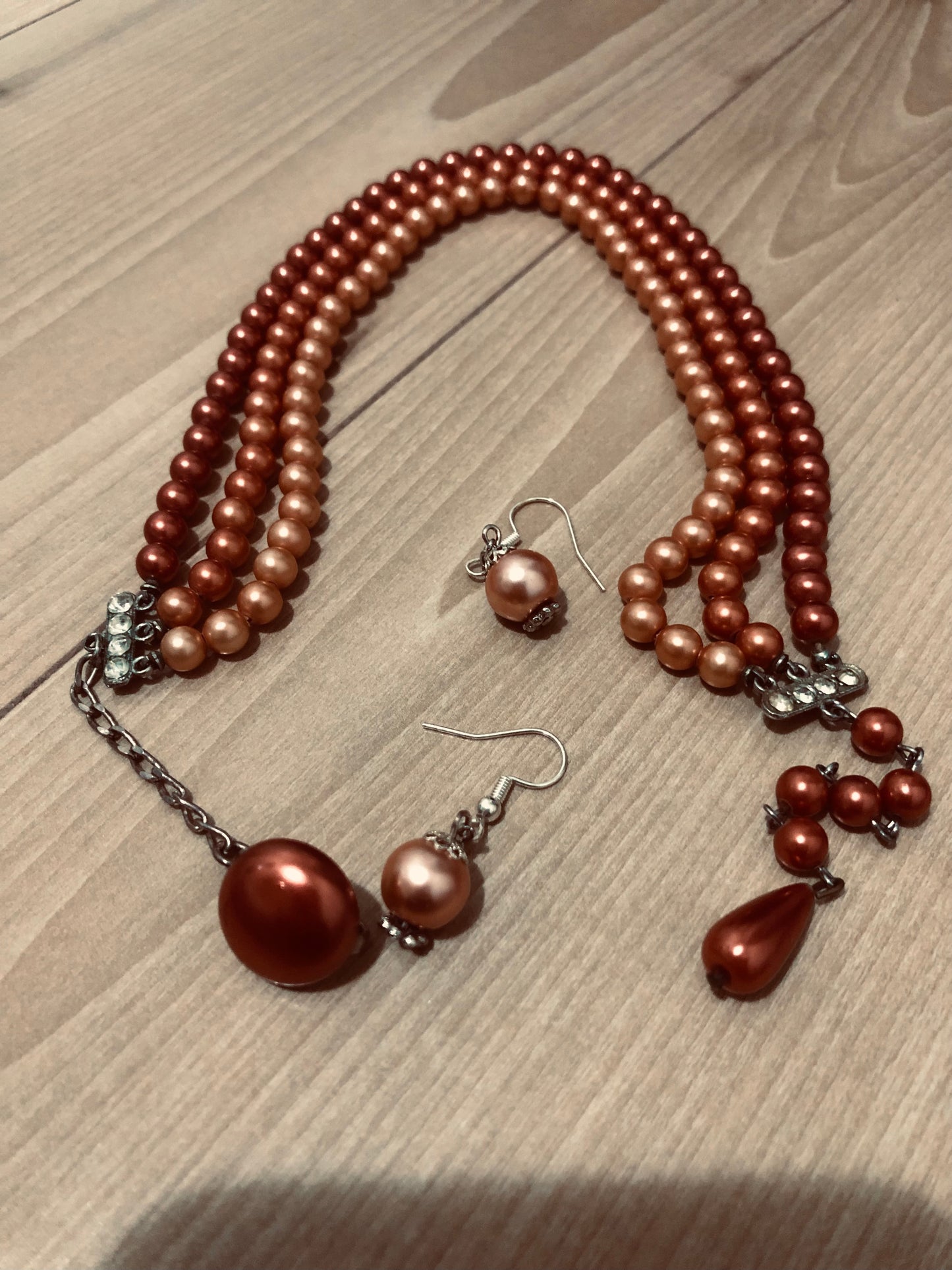 #3 Vintage Copper Tone Pearl Necklace Set – Multi-Strand with Matching Earrings