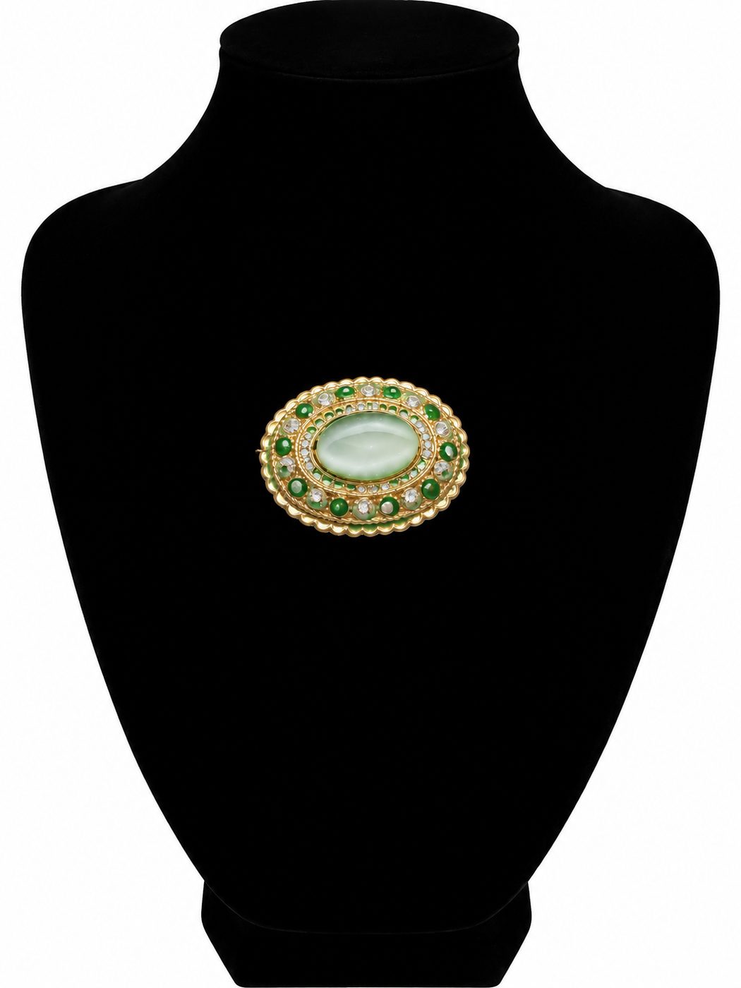 Broche « Cœur de jade » — grand cabochon vert et couronne de perles