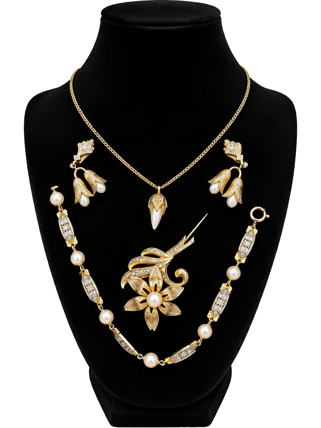 Parure « Fleur de nacre » — broche, boucles, collier et bracelet
