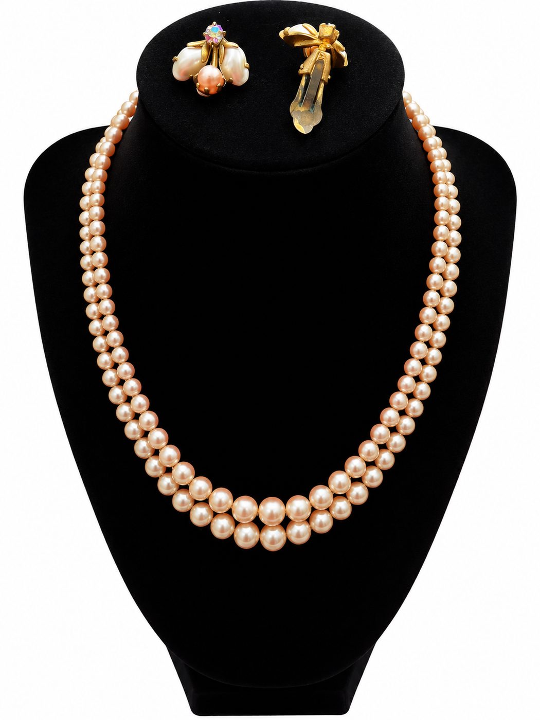 Parure « Deux rangs de champagne » — perles rosées et boucles assorties