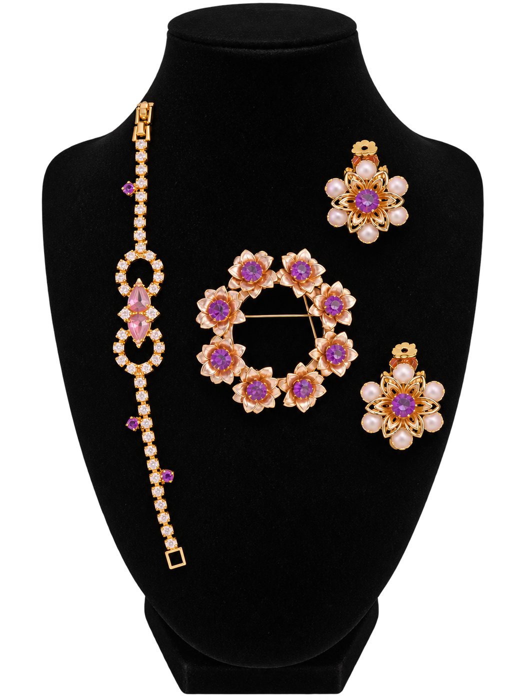 Parure « Améthyste en fleurs » — broche couronne, boucles et bracelet