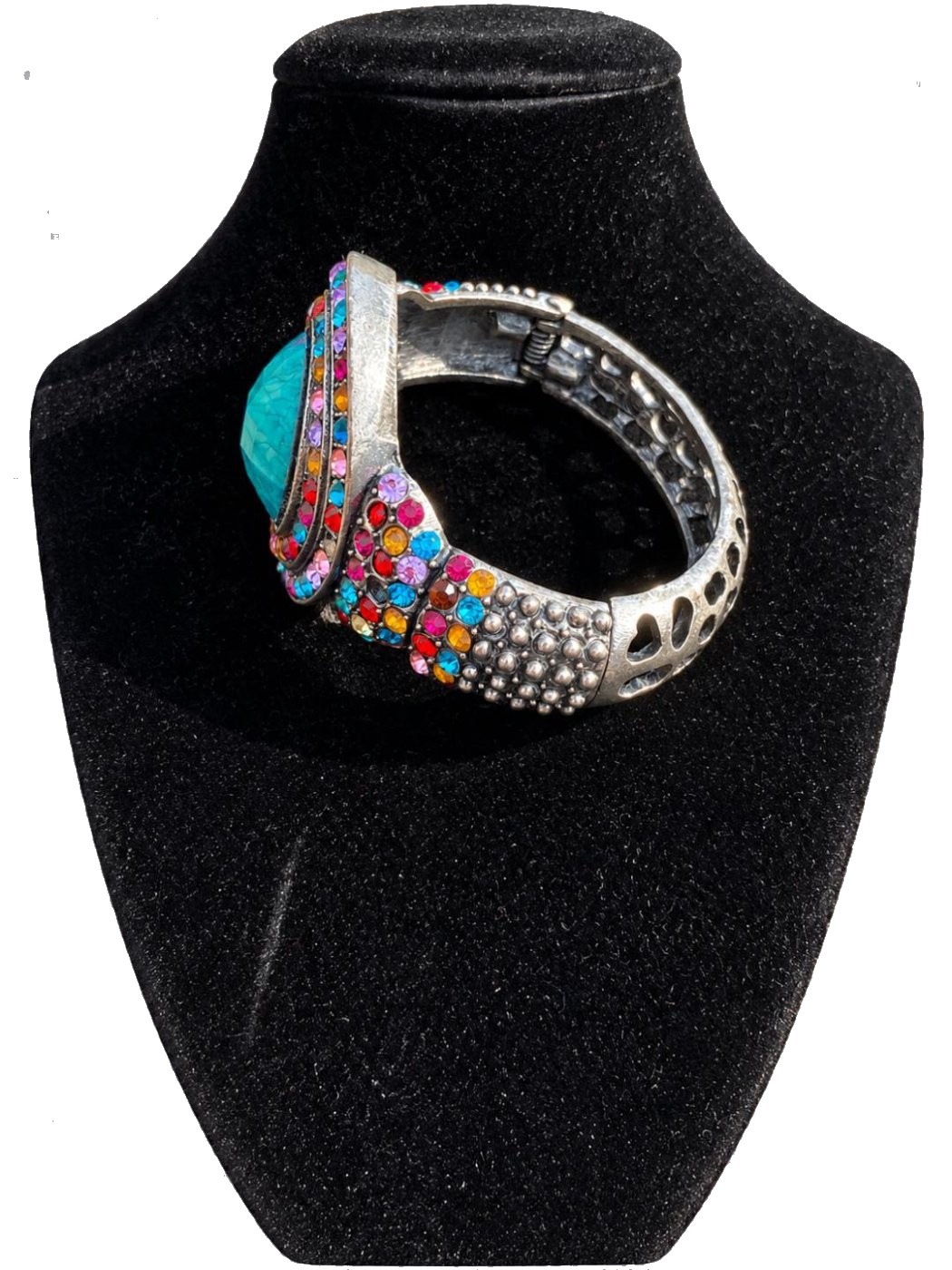 Bracelet manchette « Caravane » — grande turquoise et pavé de strass multicolores